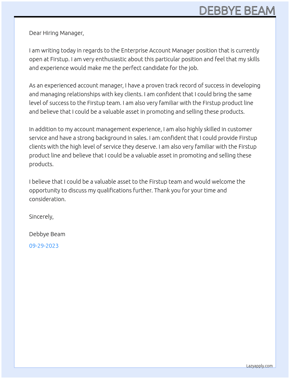 Enterprise Account Manager  At Firstup Cover Letter