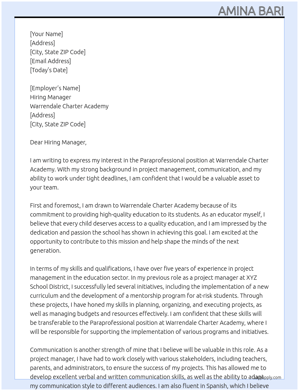 Paraprofessional At Warrendale Charter Academy Cover Letter
