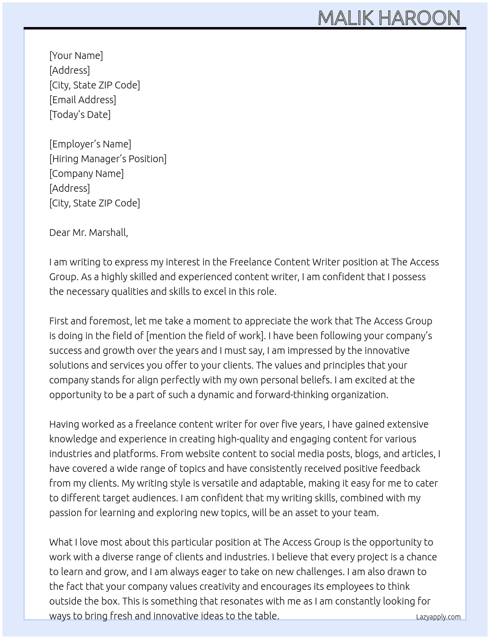 Freelencer content writer  At The Access Group  Cover Letter