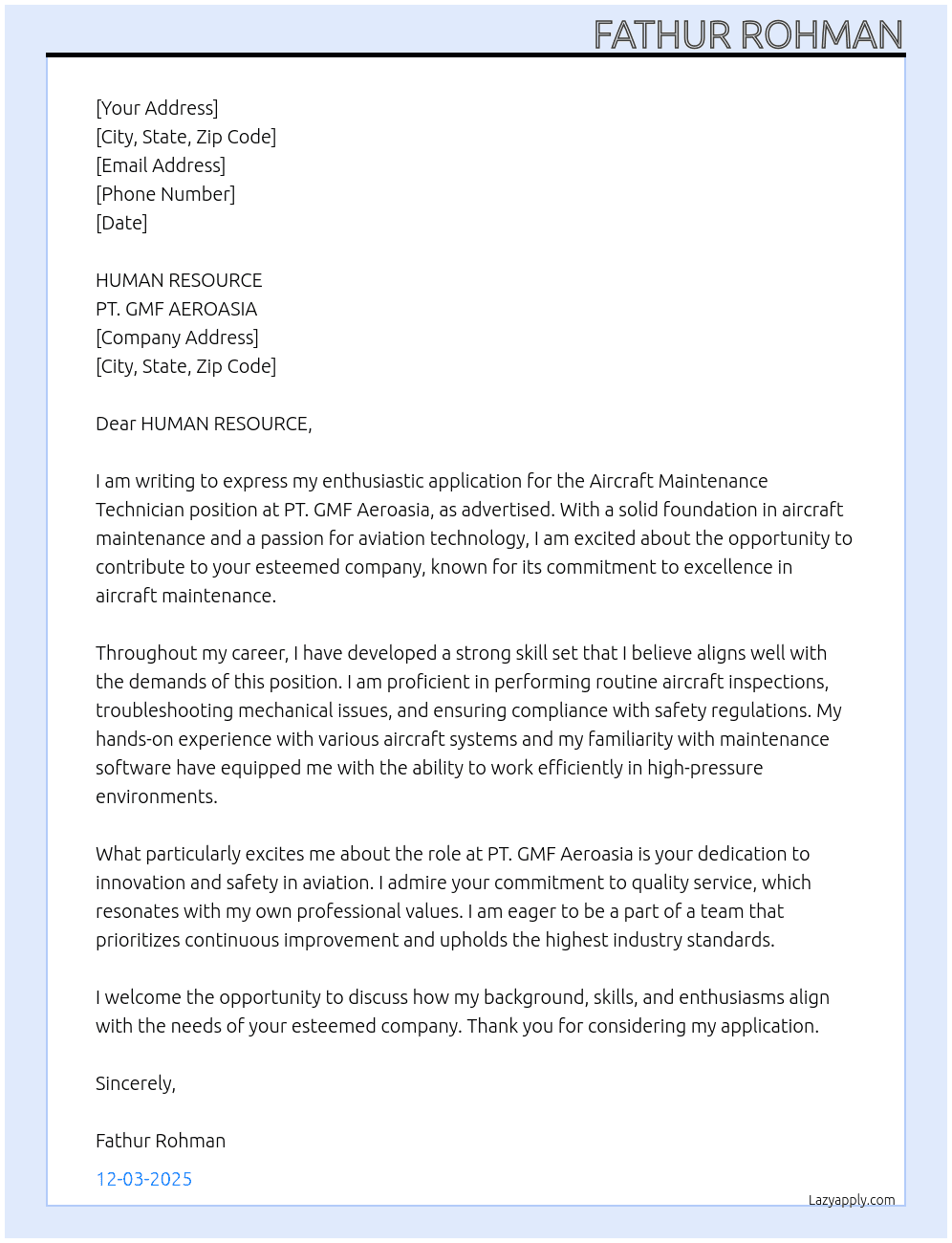 Aircraft Maintenance Technician At PT.GMF AEROASIA Cover Letter