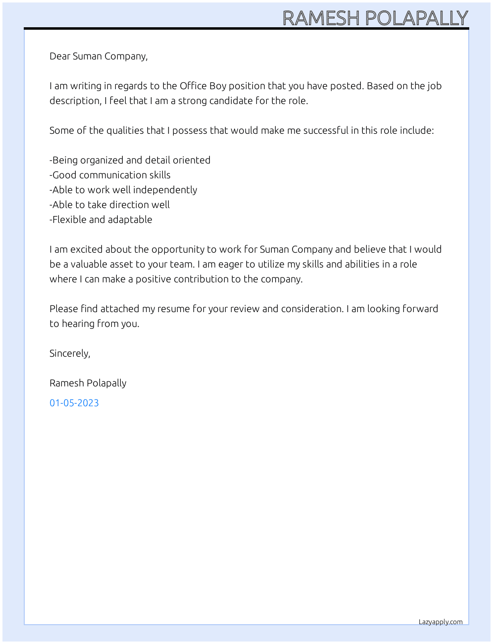 Office Boy At suman company Cover Letter