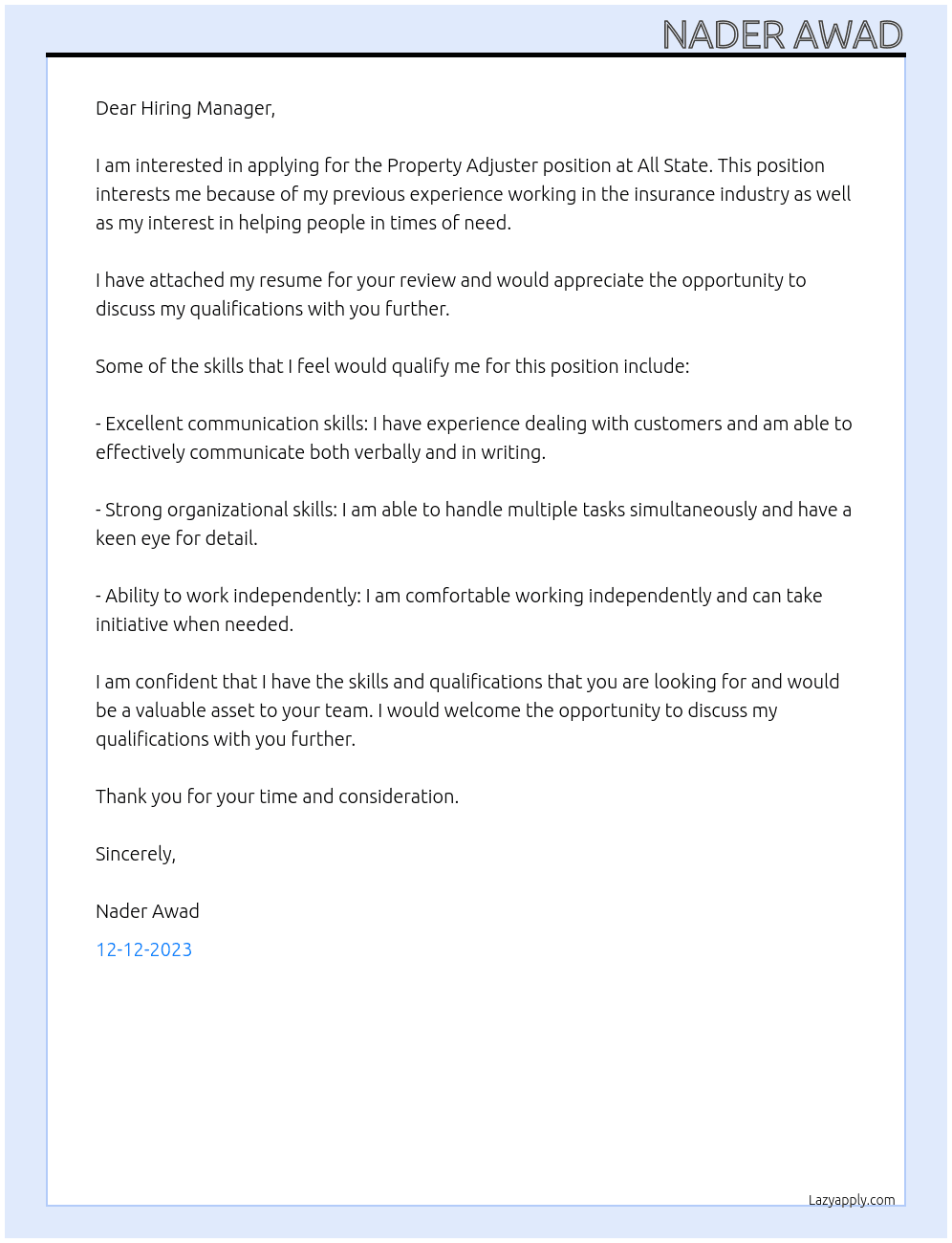Property Adjuster At All State Cover Letter