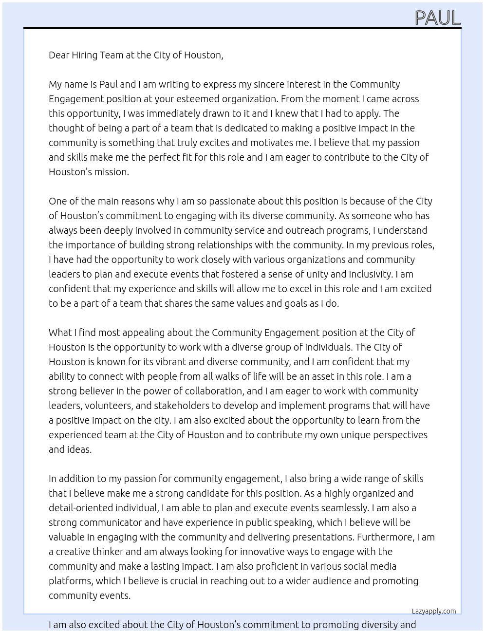 Community Engagement At City of Houston Cover Letter
