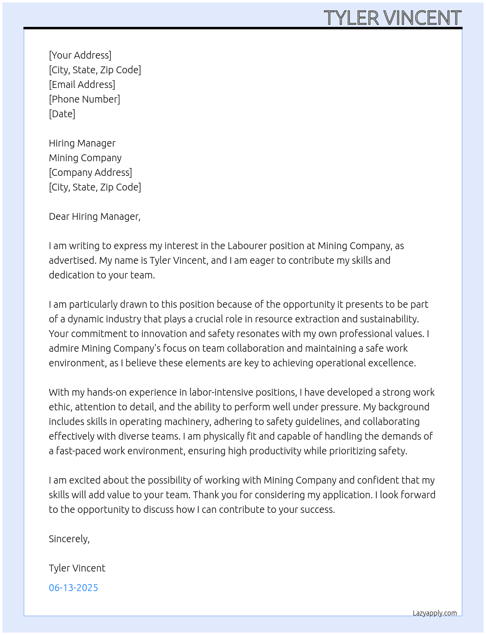 Labourer At Mining company Cover Letter
