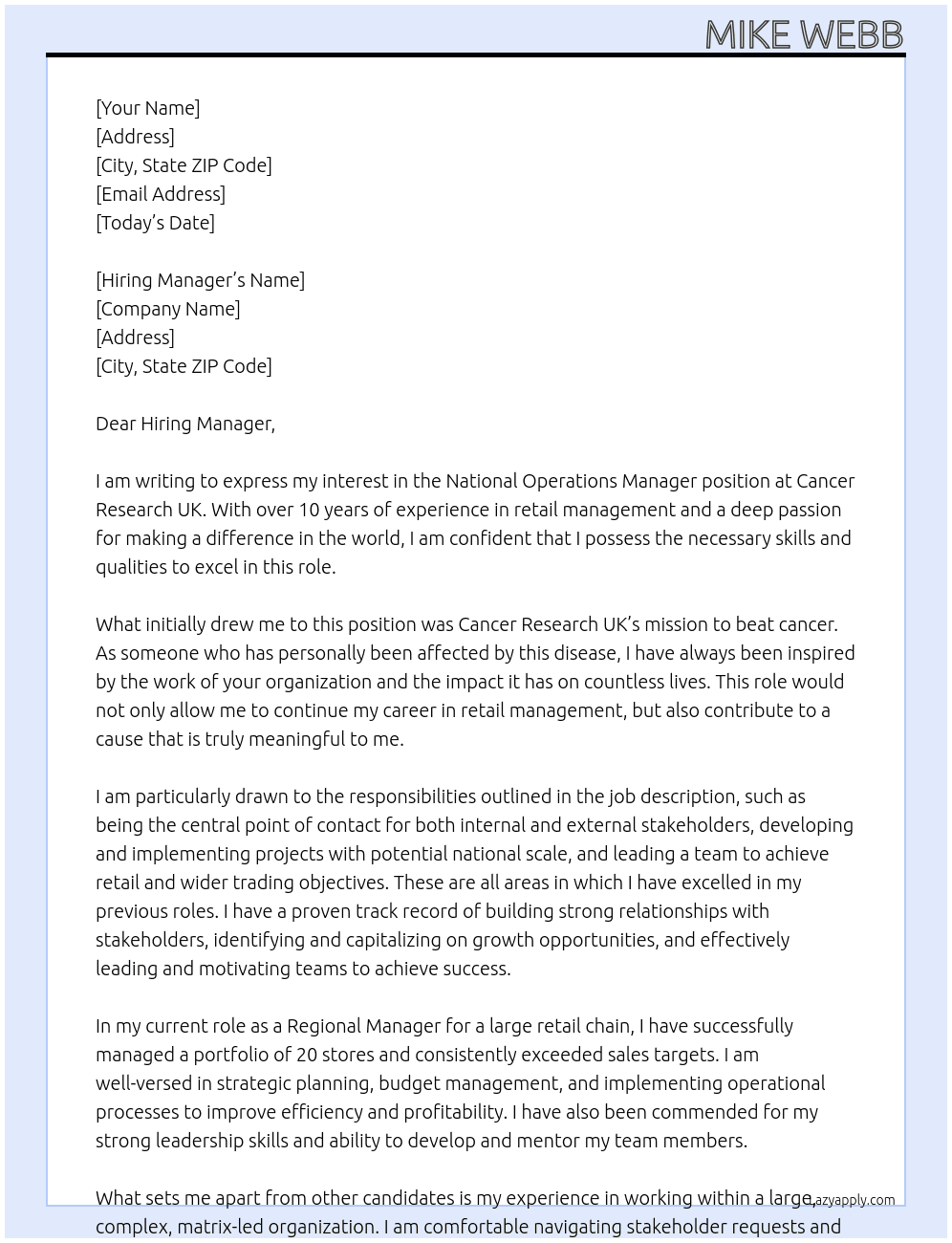 National Operations Manager At Cancer Research Cover Letter