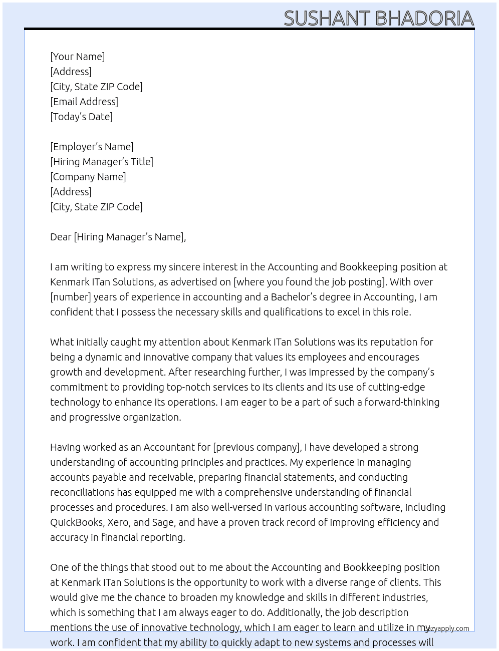 Accounting and bookkeeping At Kenmark ITan solutions Cover Letter