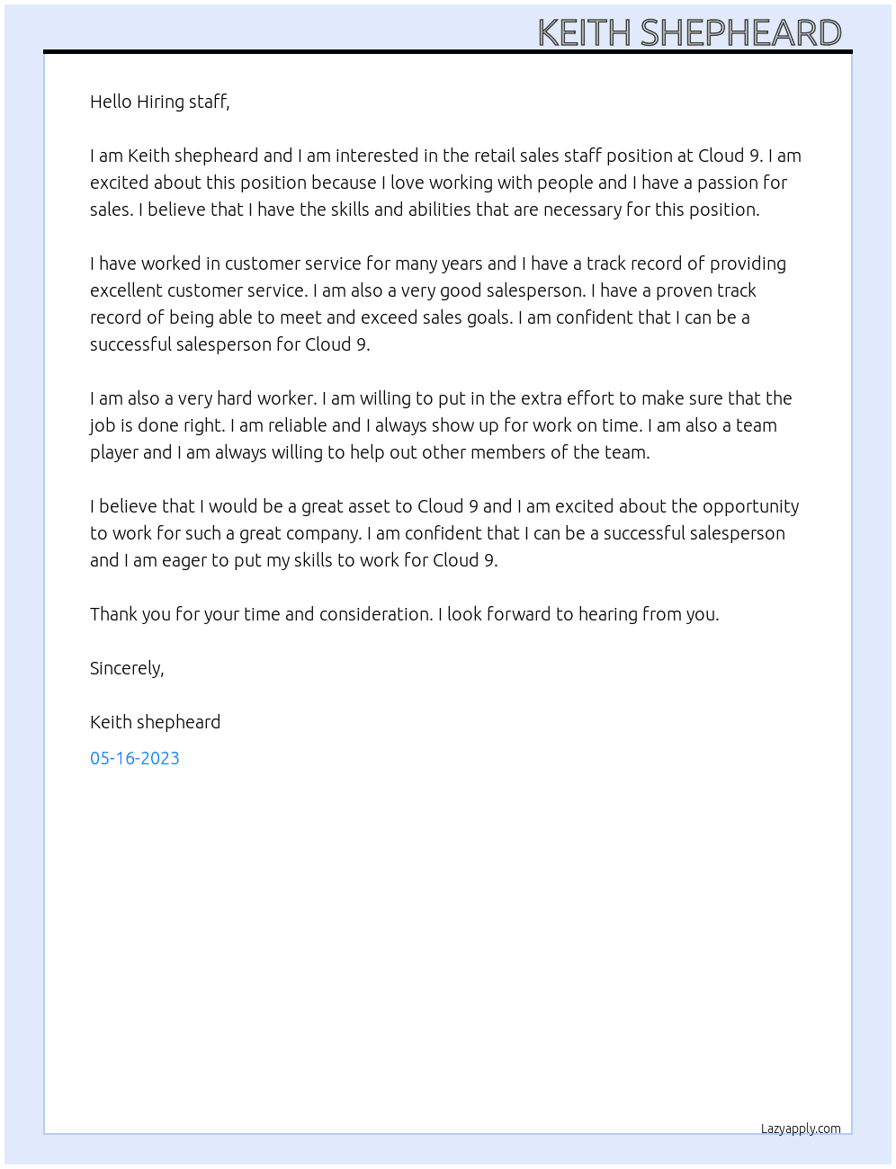 Retail sales staff  At Cloud 9 Cover Letter