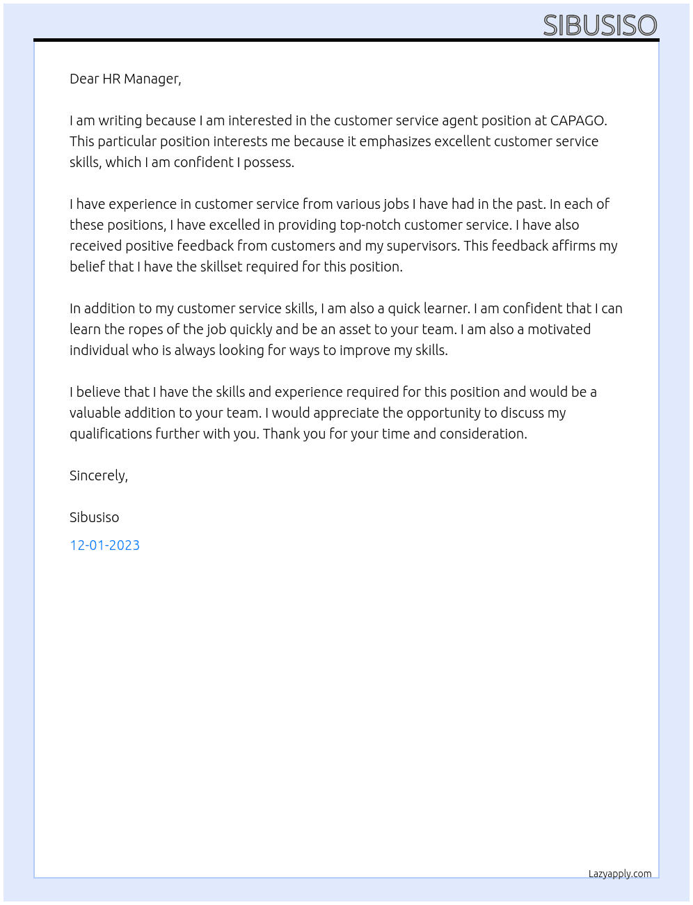 Customer Service Agent At CAPAGO Cover Letter