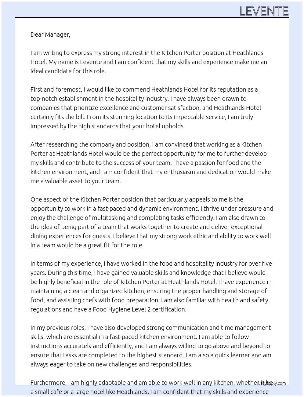 Kitchen Porter At Heathlands Hotel Cover Letter