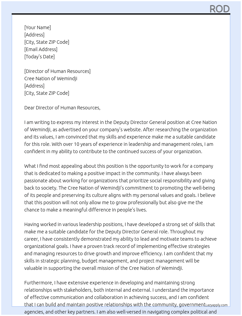 Deputy Director General At Cree Nation of Wemindji Cover Letter