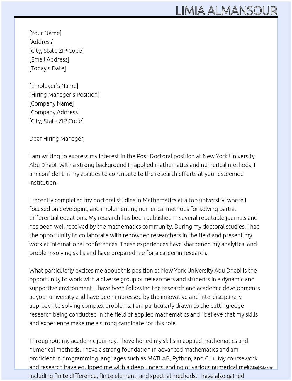 post doctoral At New york university Abu Dhabi Cover Letter