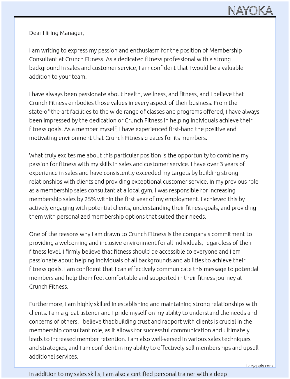 Membership consultant  At Crunch Fitness  Cover Letter