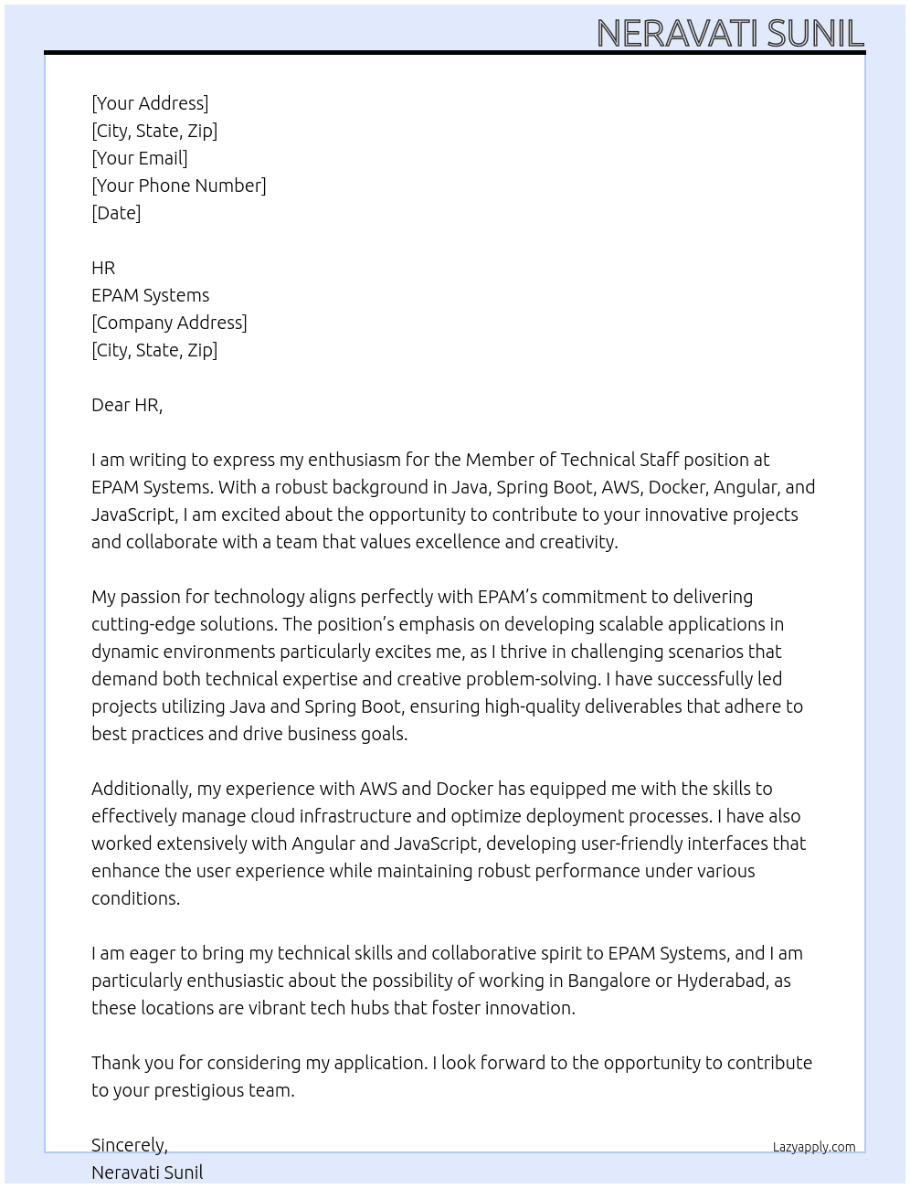 Member of technical Staff At EPAM Systems Cover Letter