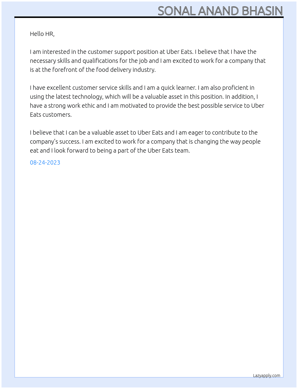 customer support  At uber eats  Cover Letter