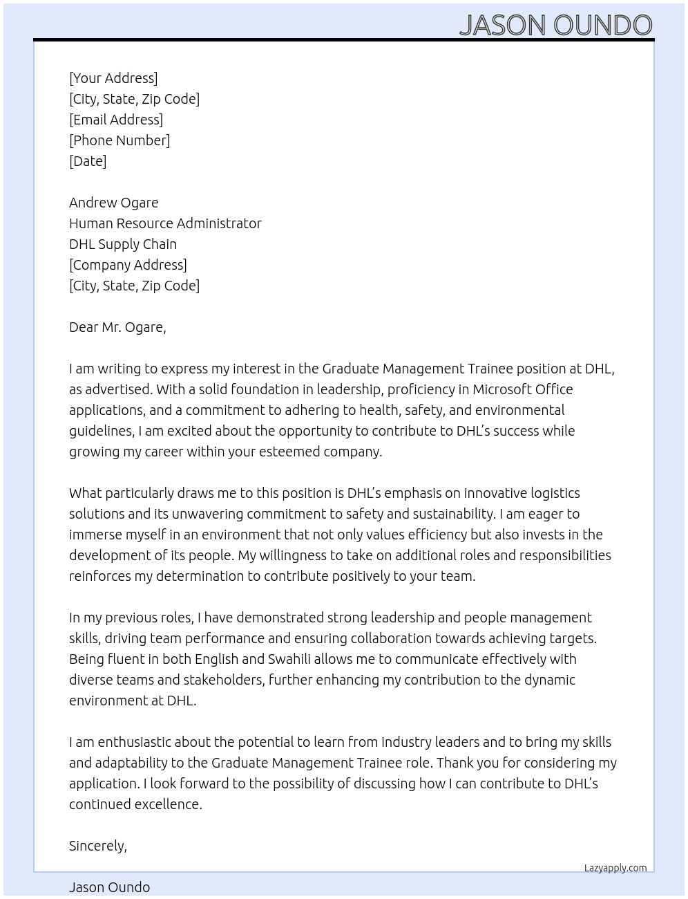           Graduate Management Trainee At DHL  Cover Letter