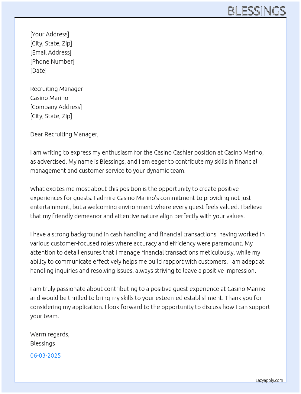 Casino Cashier At Casino Marino Cover Letter