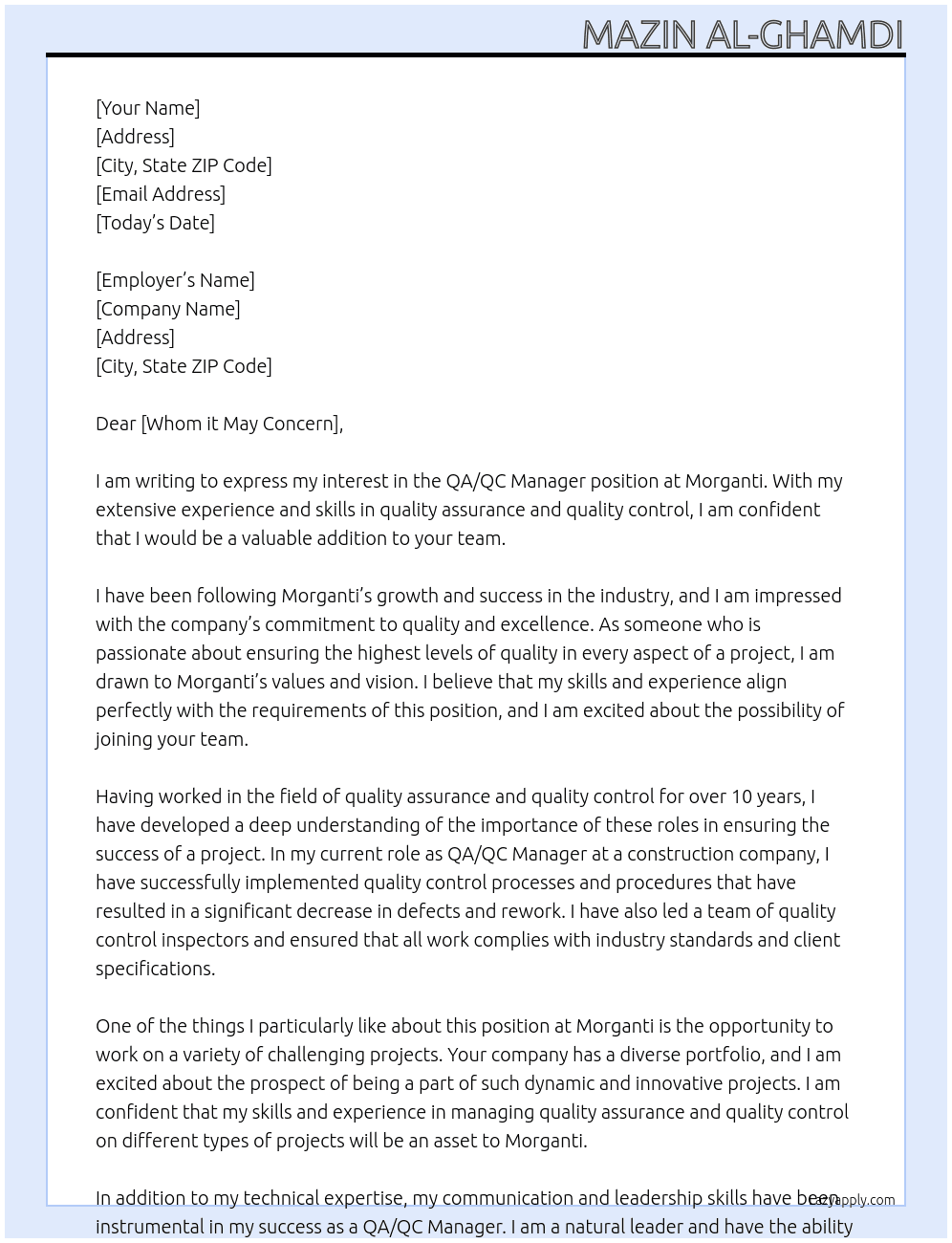 QA/QC MAnager At Morganti Cover Letter