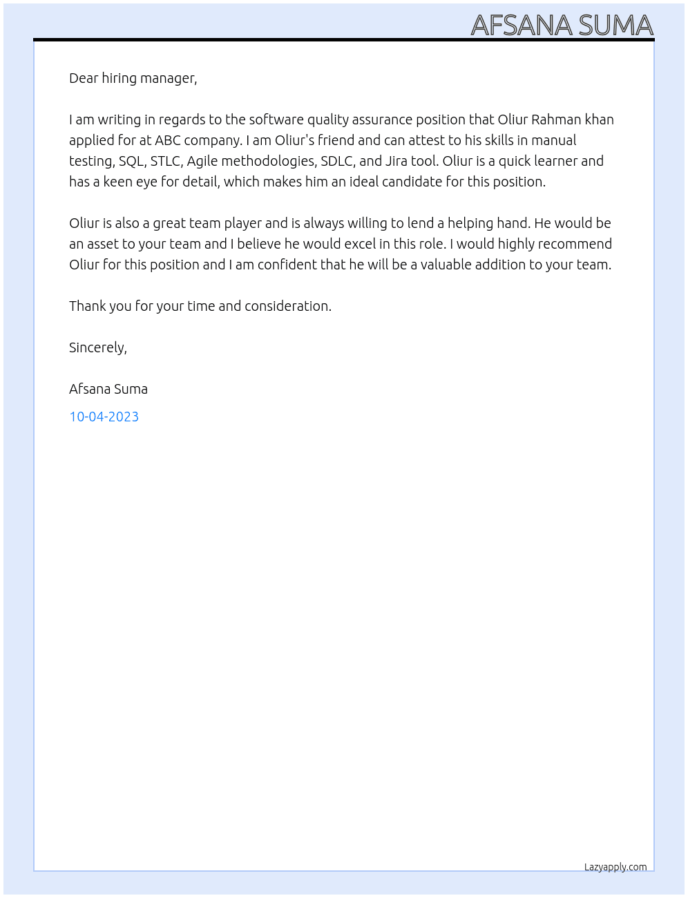 software quality assurance At abc Cover Letter