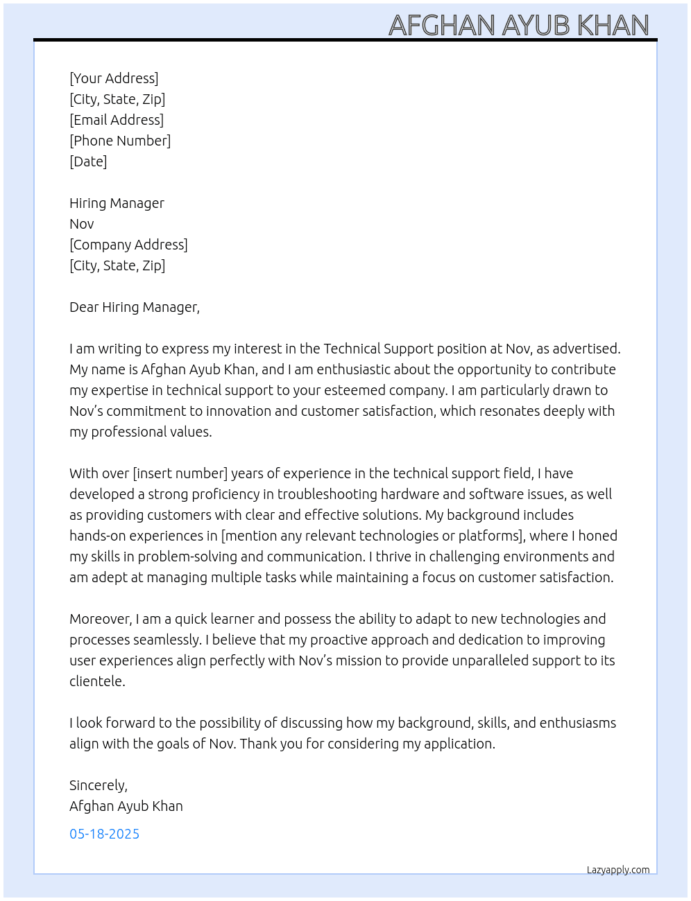 Technical support  At Nov  Cover Letter