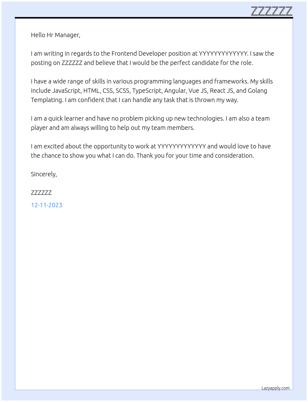 Frontend Developer At YYYYYYYYYYYYY Cover Letter
