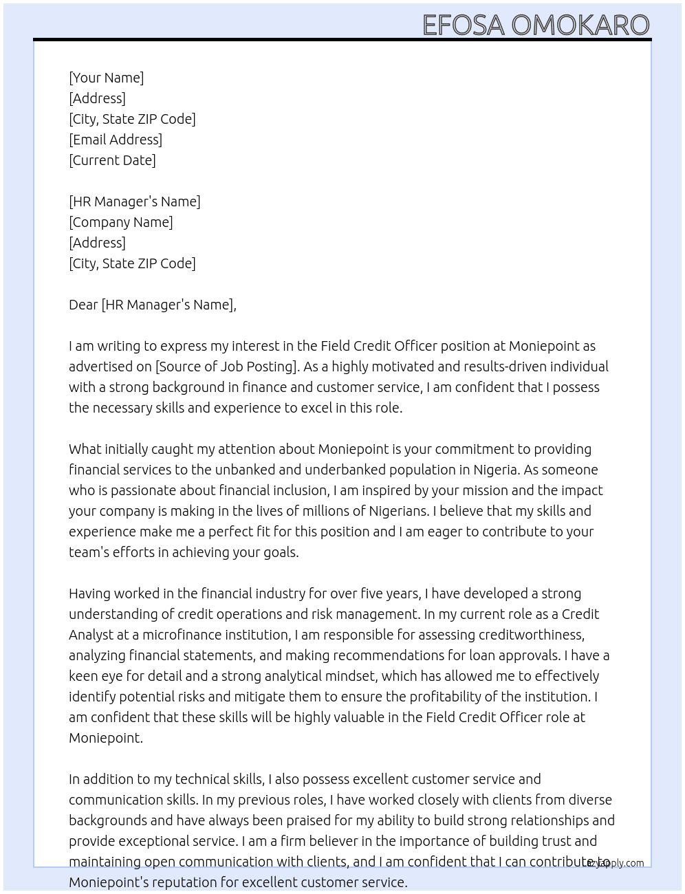 field credit officer At Moniepoint Cover Letter