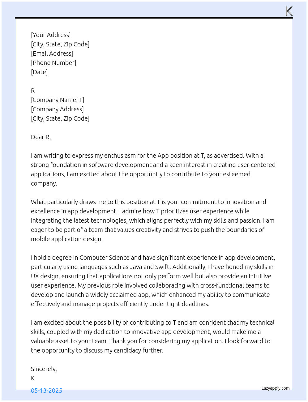 Cover letter for app - LazyApply