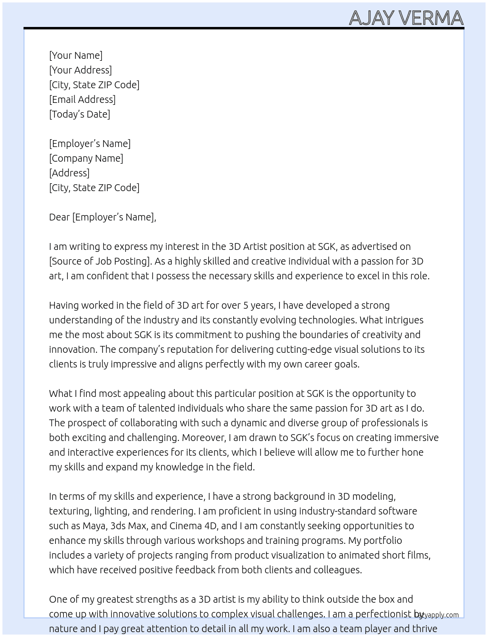 3d Artist At SGK Cover Letter