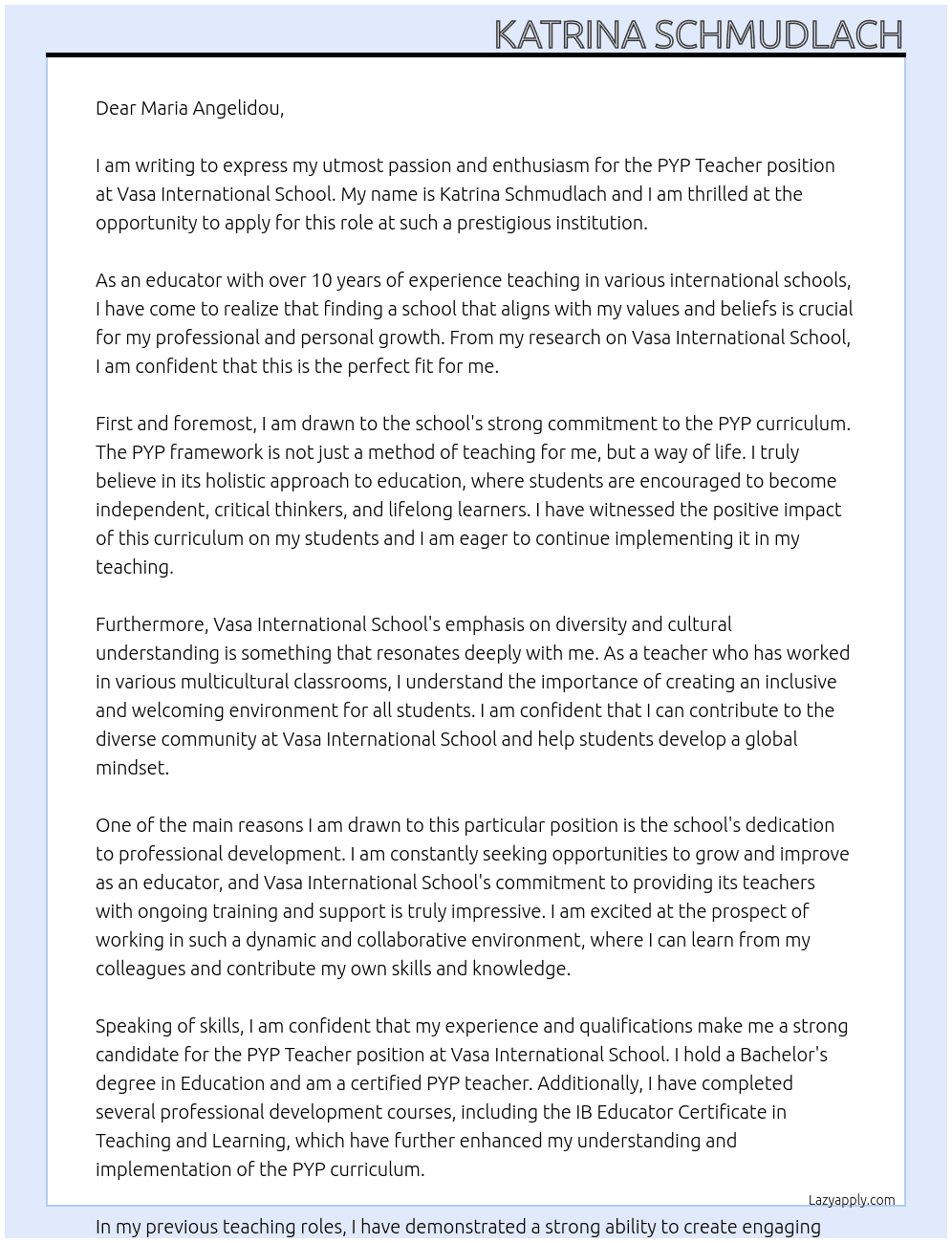 PYP Teacher At Vasa International School Cover Letter