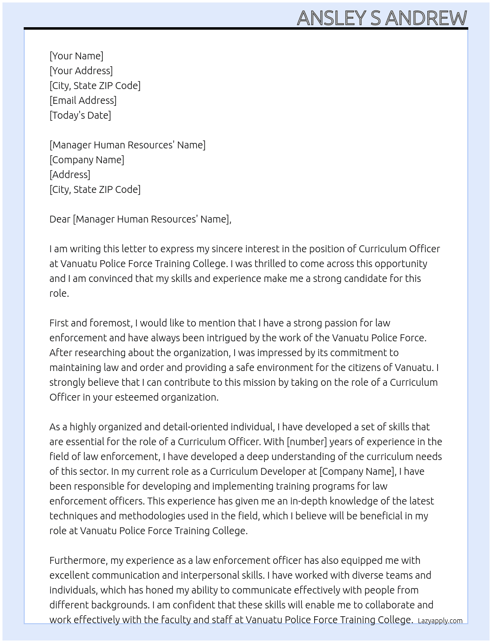 Curriculum Officer At Vanuatu Police Force Training College Cover Letter