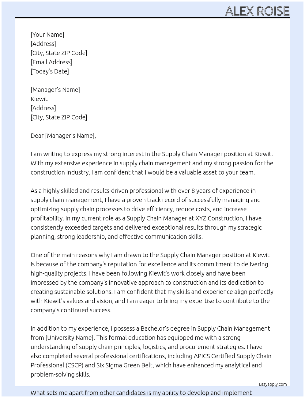 supply chain At Kiewit Cover Letter
