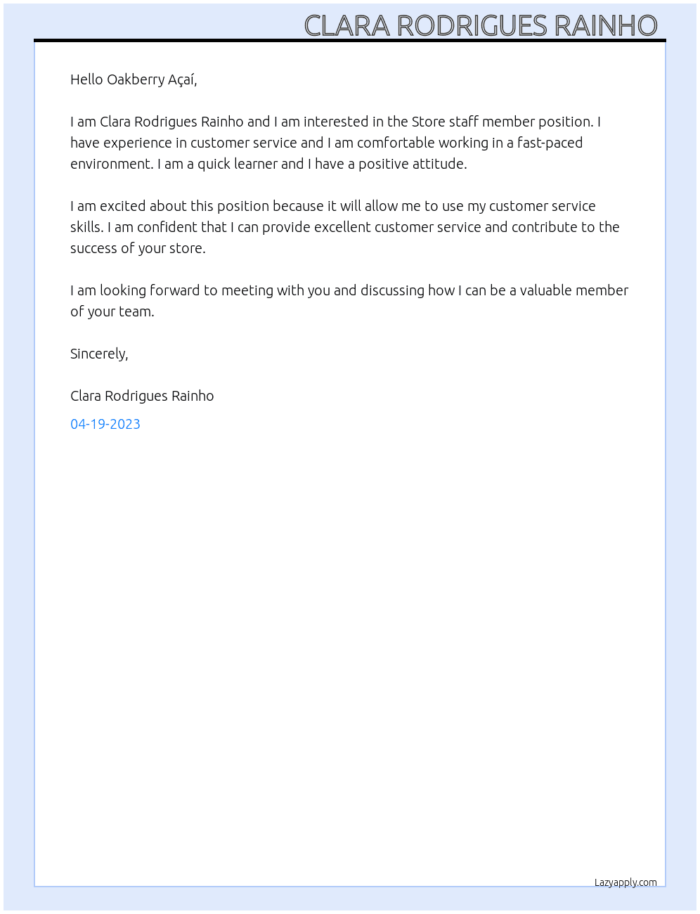 Store staff member At Oakberry Açaí Cover Letter