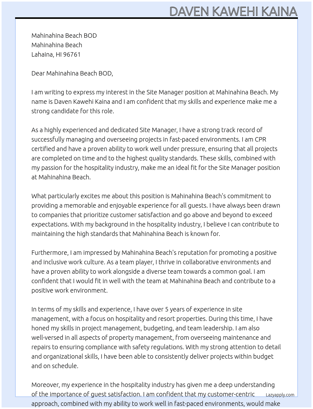 Site manager At Mahinahina beach Cover Letter