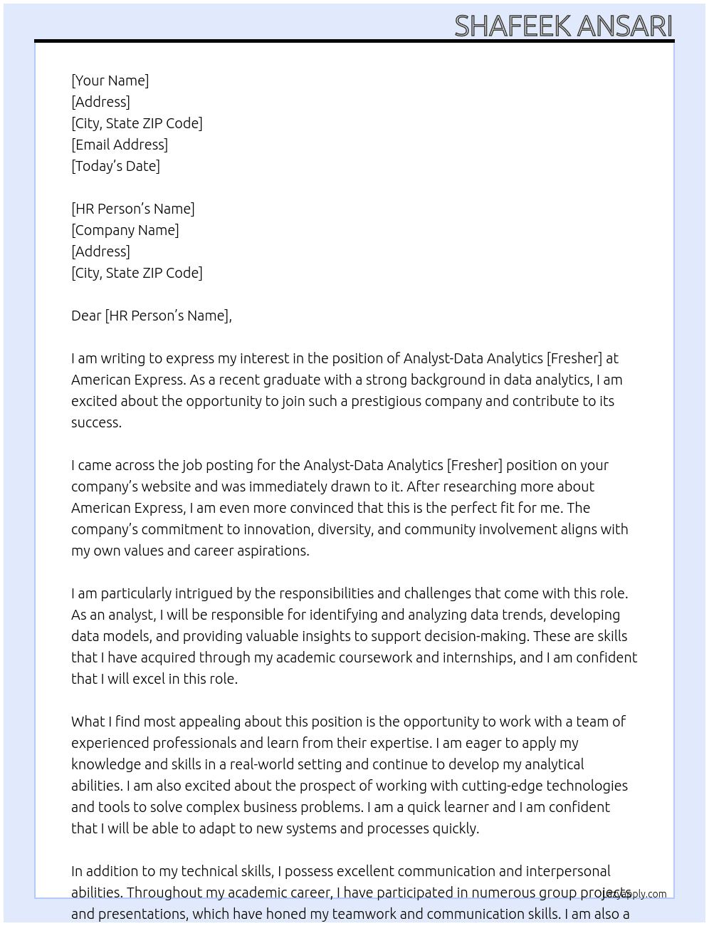 Cover letter for analyst-data analytics[fresher] - LazyApply