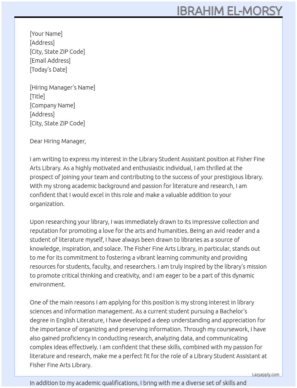 Library Student Assitant At Fisher Fine Arts Library Cover Letter