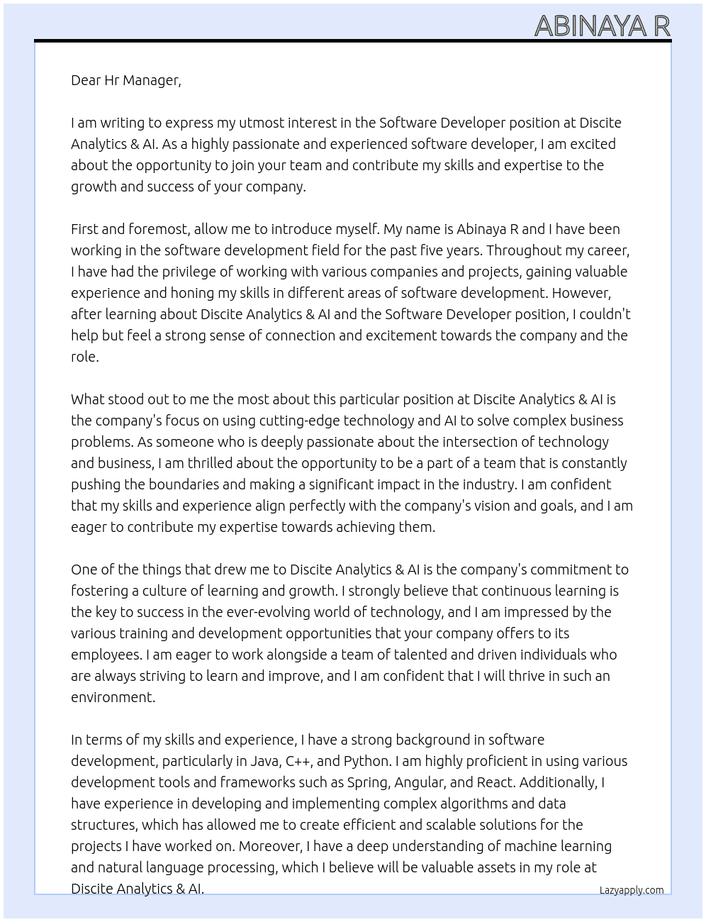 Software developer  At Discite Analytics & AI  Cover Letter