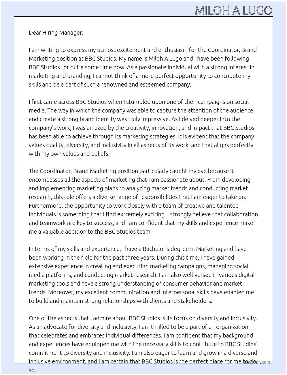 Coordinator, Brand Marketing At BBC Studios Cover Letter