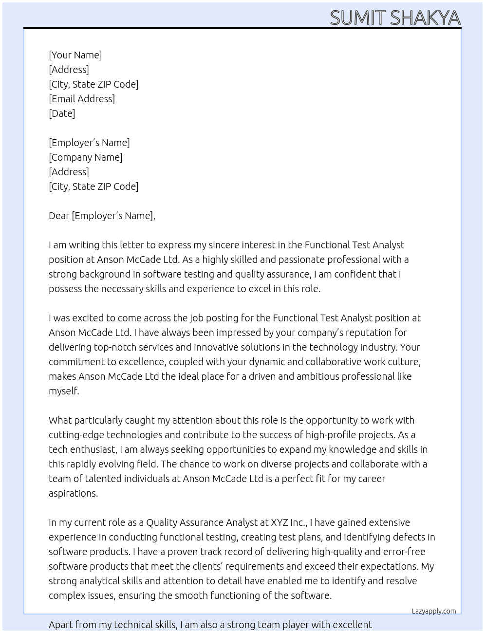 Functional Test Analyst At Anson McCade Ltd Cover Letter