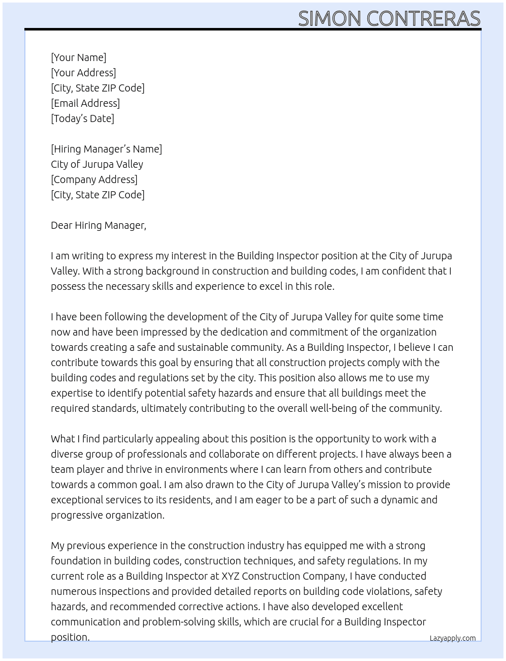 Building Inspector At City of Jurupa Valley Cover Letter