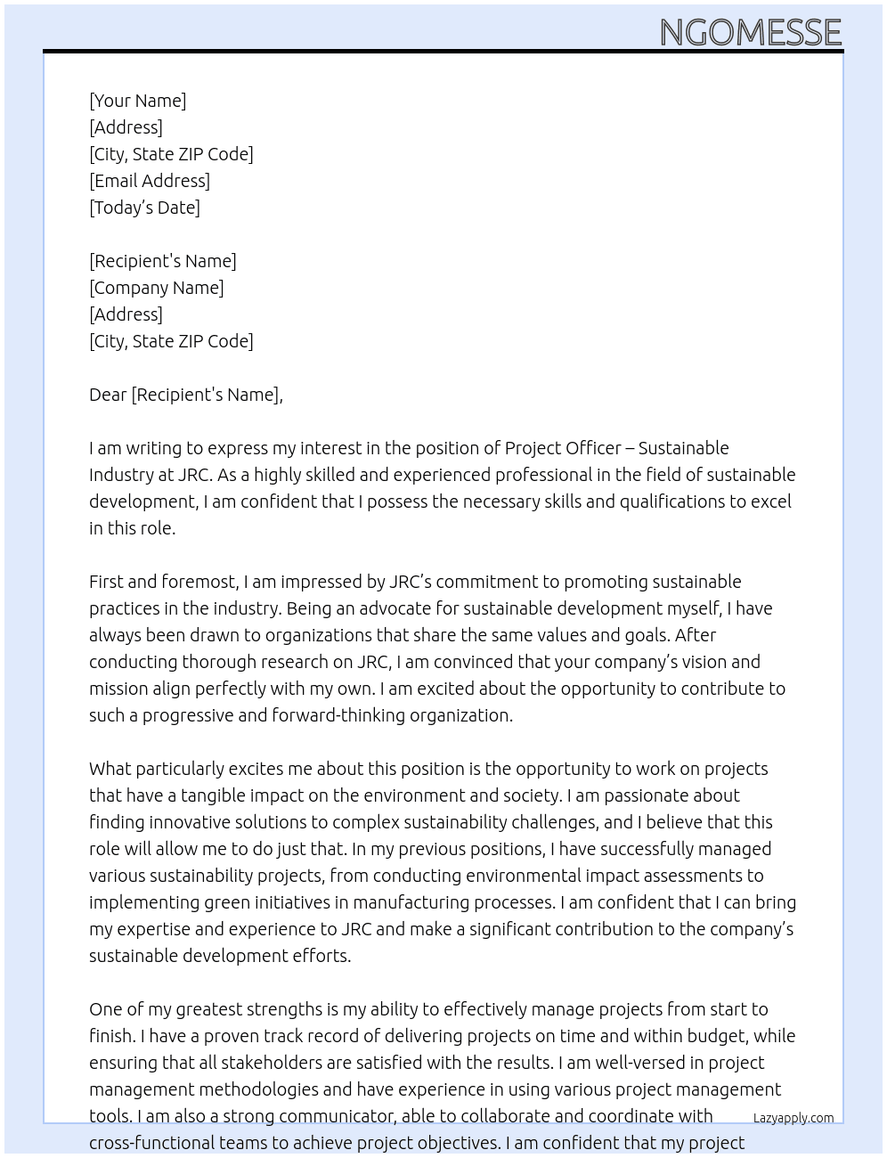 Project Officer – Sustainable Industry At JRC Cover Letter
