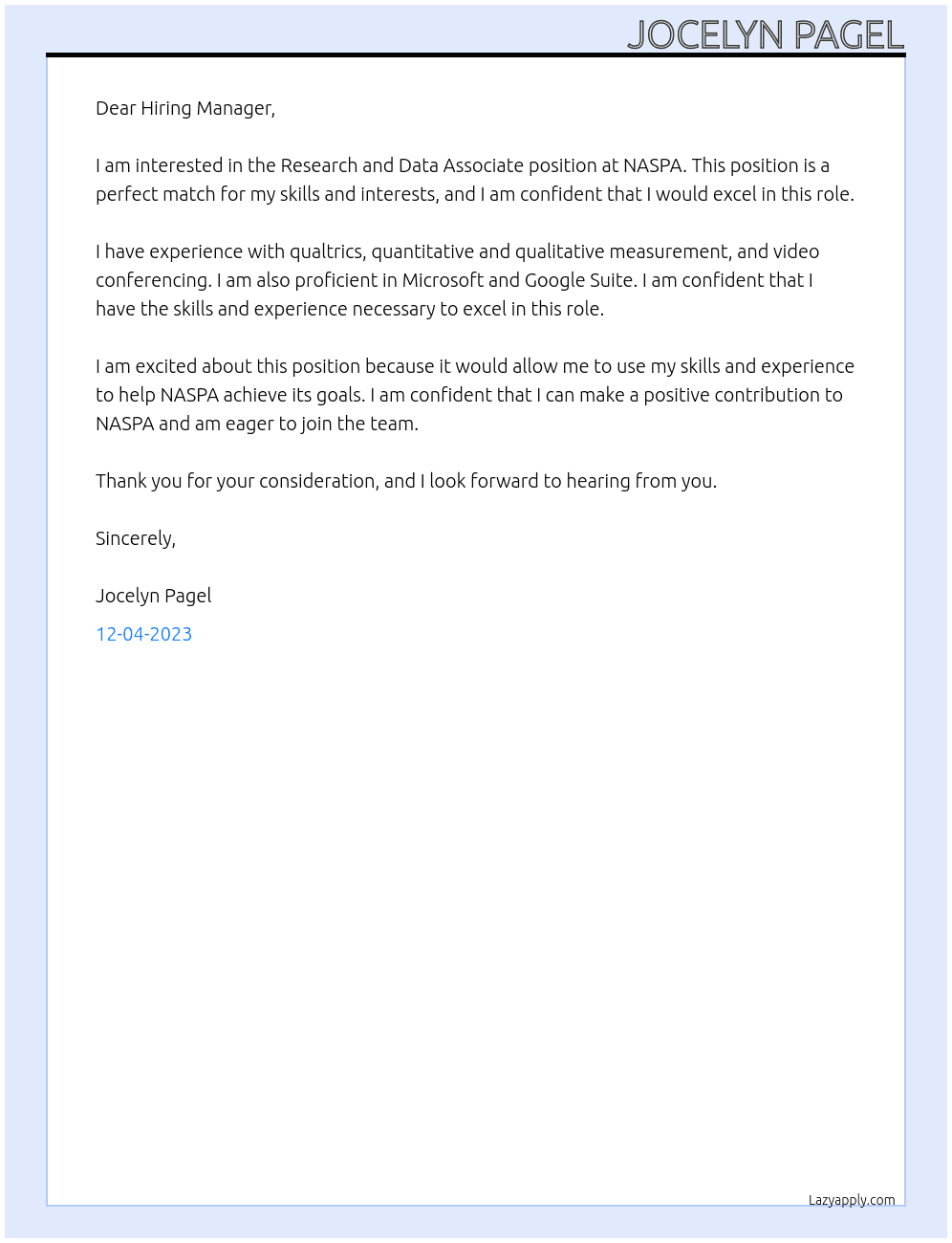 Research and Data Associate At NASPA Cover Letter