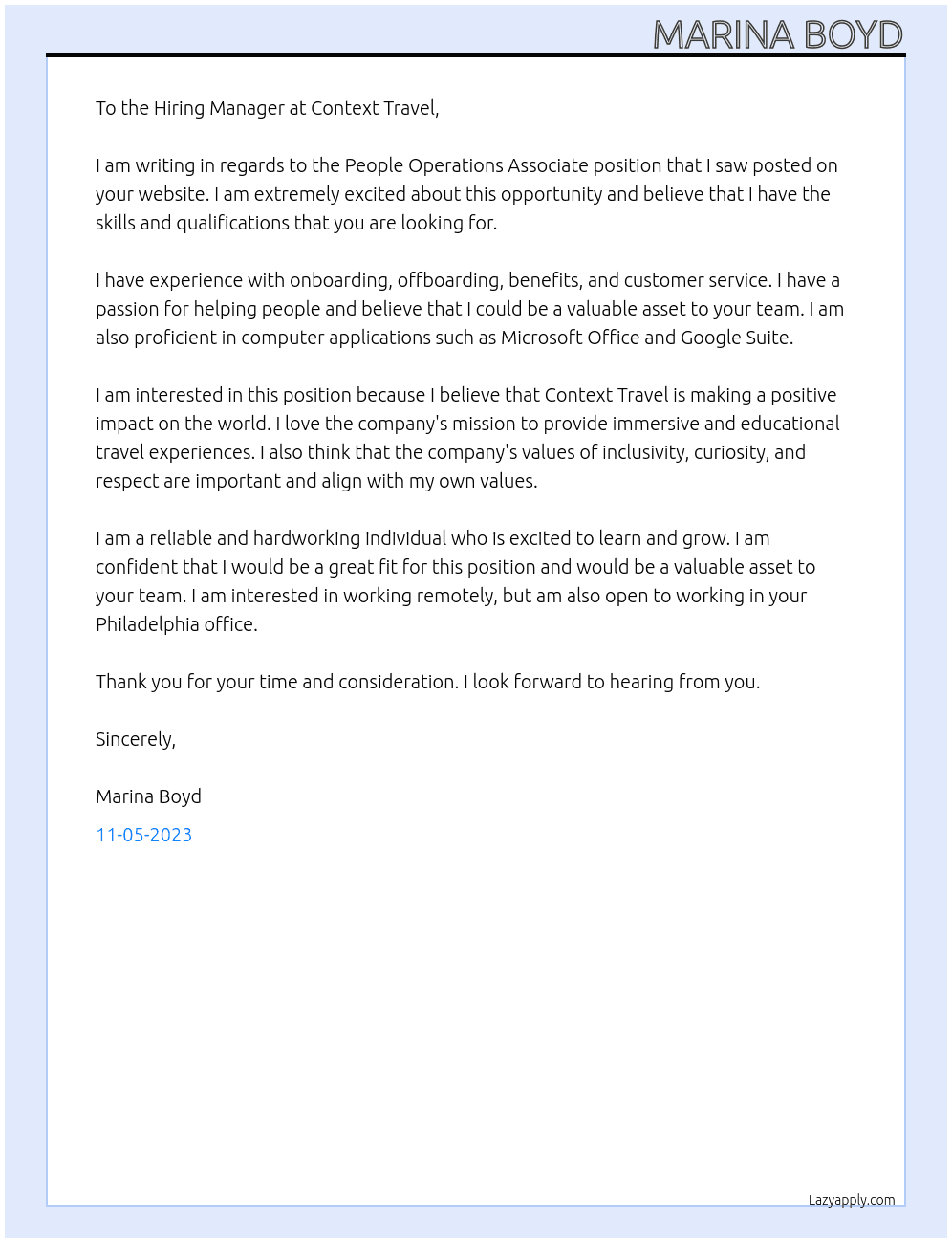 People Operations Associate At Context Travel Cover Letter
