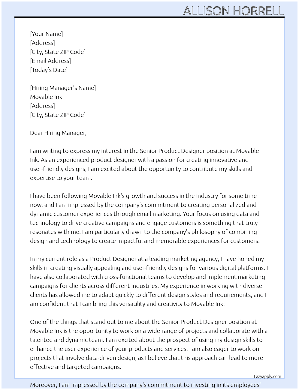 Senior Product Designer At Movable Ink Cover Letter