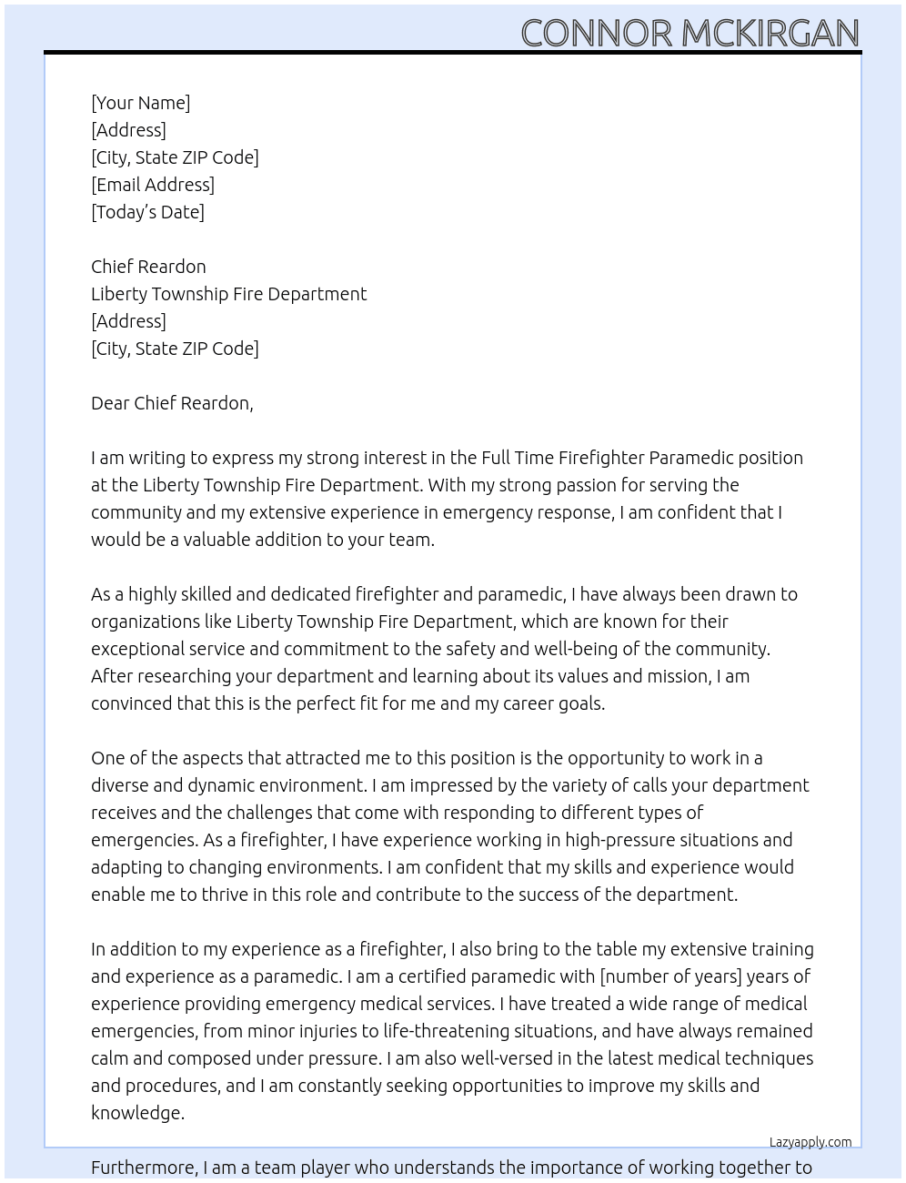 Full Time Firefighter Paramedic At Liberty Township Fire Department Cover Letter