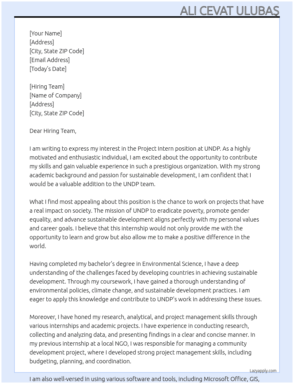 Project Intern At UNDP Cover Letter