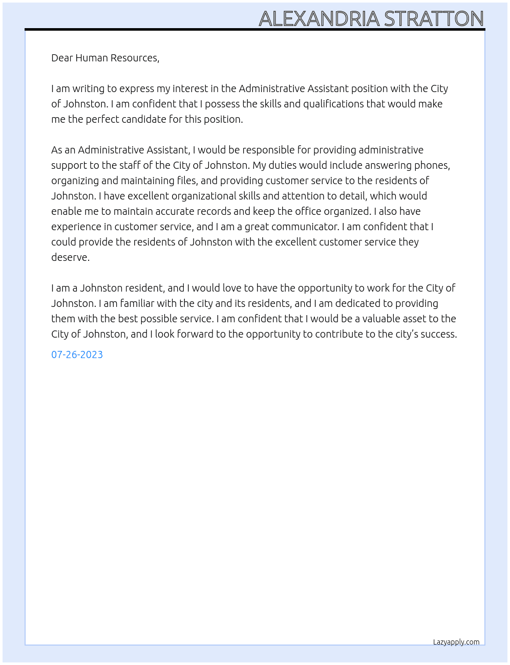 Administrative Assistant At City of Johnston Cover Letter