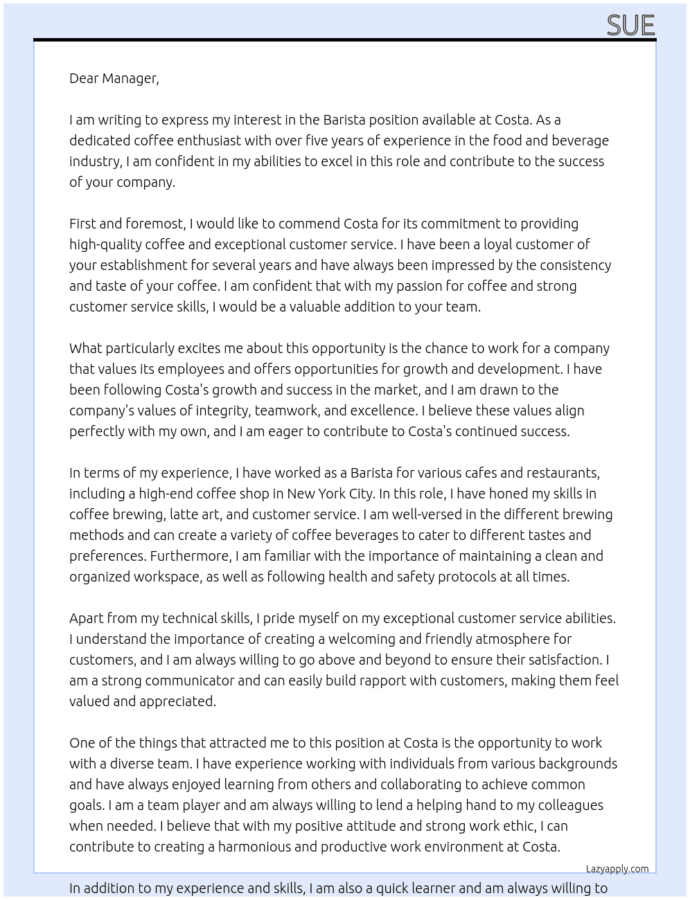 Barister At Costa Cover Letter