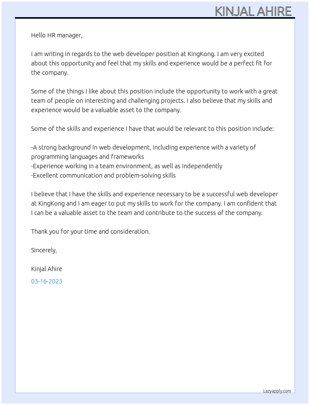 Web Developer  At KingKong Cover Letter