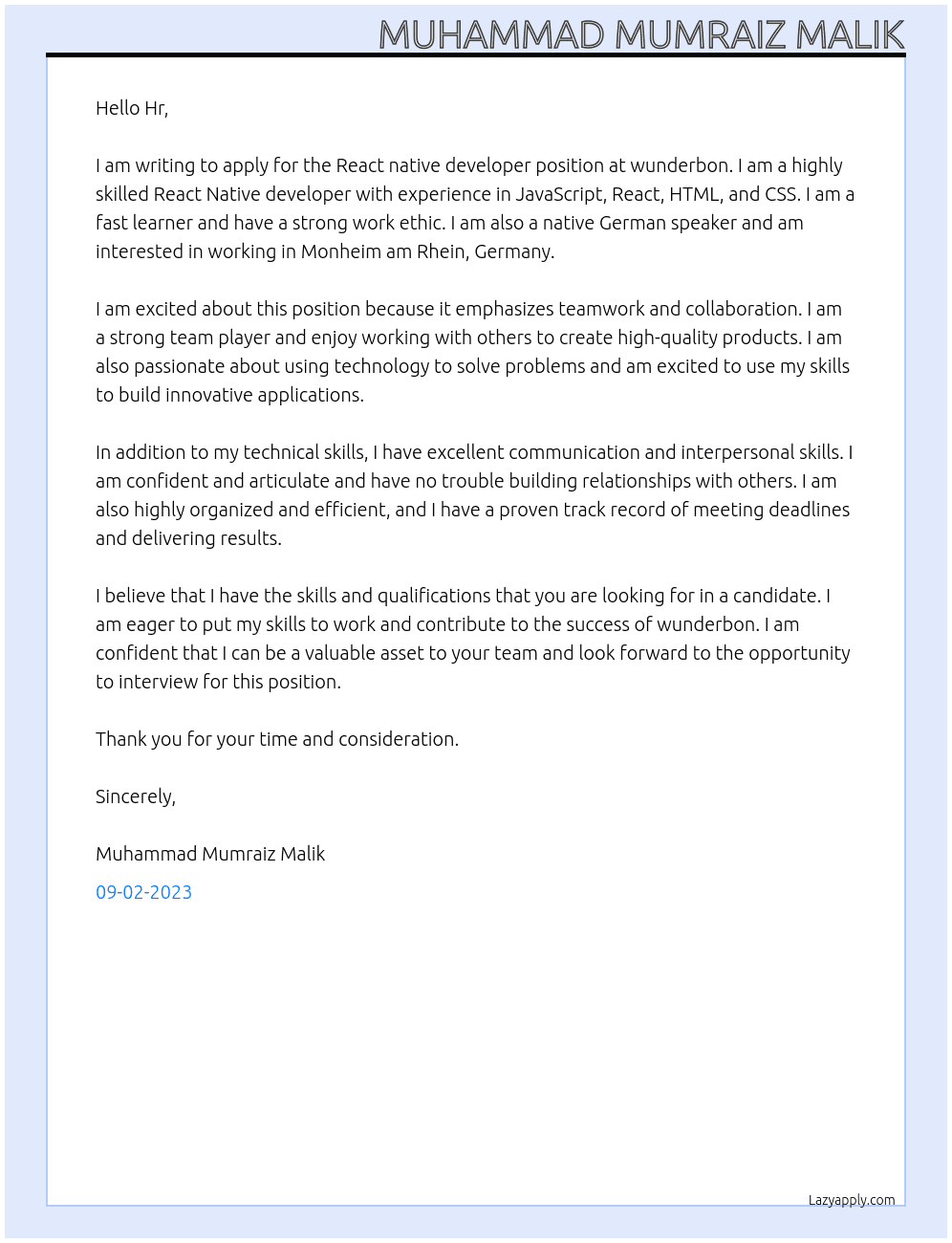 React native developer At wunderbon Cover Letter