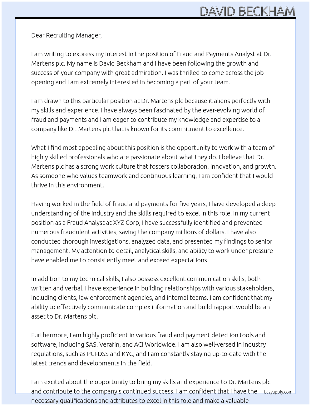 Fraud and Payments Analyst At Dr. Martens plc Cover Letter