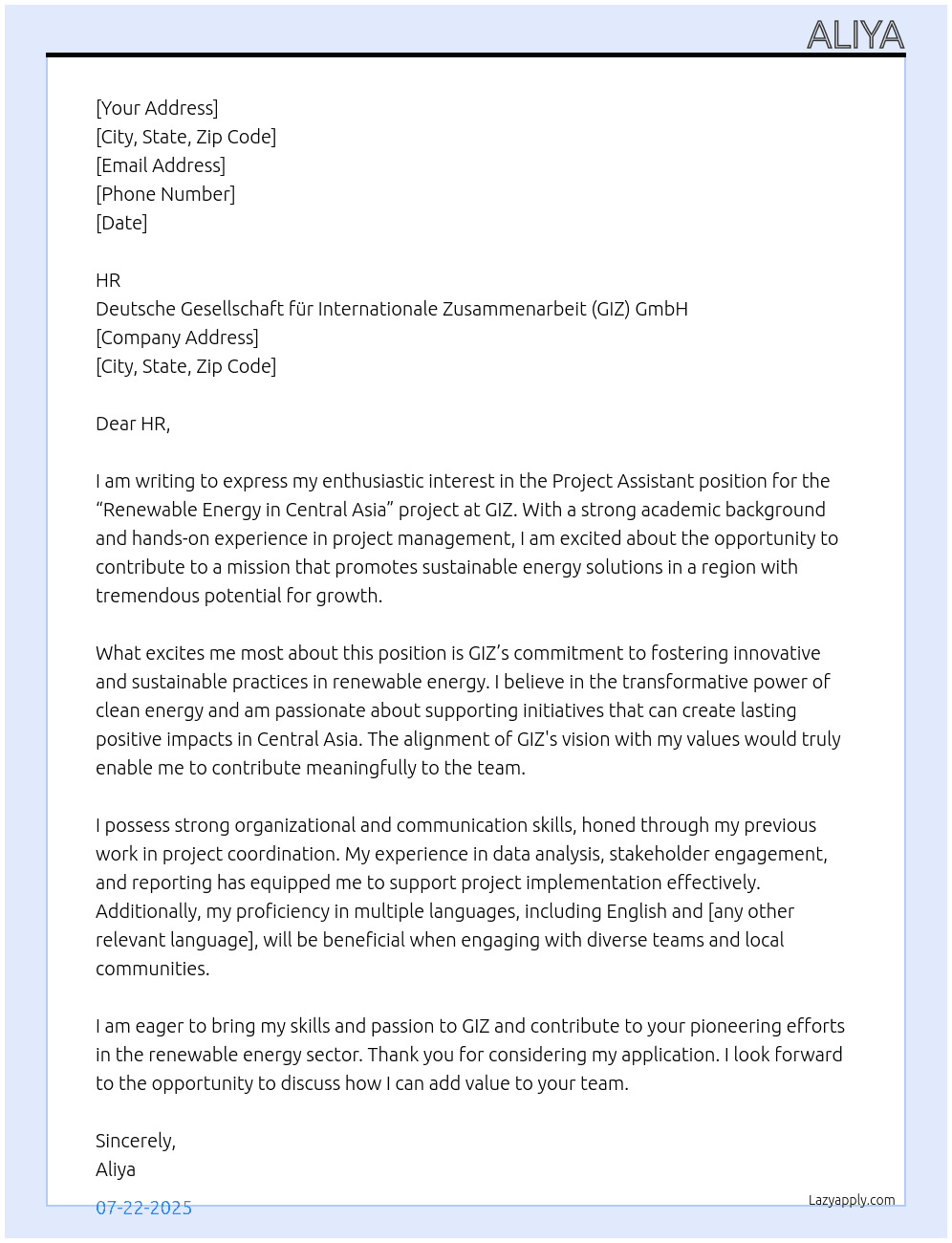 Cover letter for project assistant in the project “renewable energy in central asia”. - LazyApply
